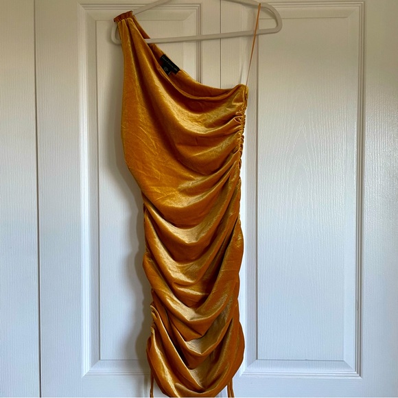 NWT House of Harlow 1960 Women’s Slinky Ruched Velvet Mini Dress Gold X-Small - Picture 12 of 14
